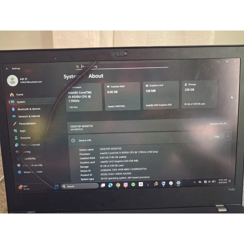 CRACKED SCREEN🚨Lenovo ThinkPad T480s /i5-8350U / 8GB RAM / 240GB SSD *BROKEN*